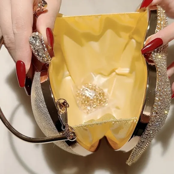 Gold Heart-Shaped Crystal Clutch with Fringe Bags